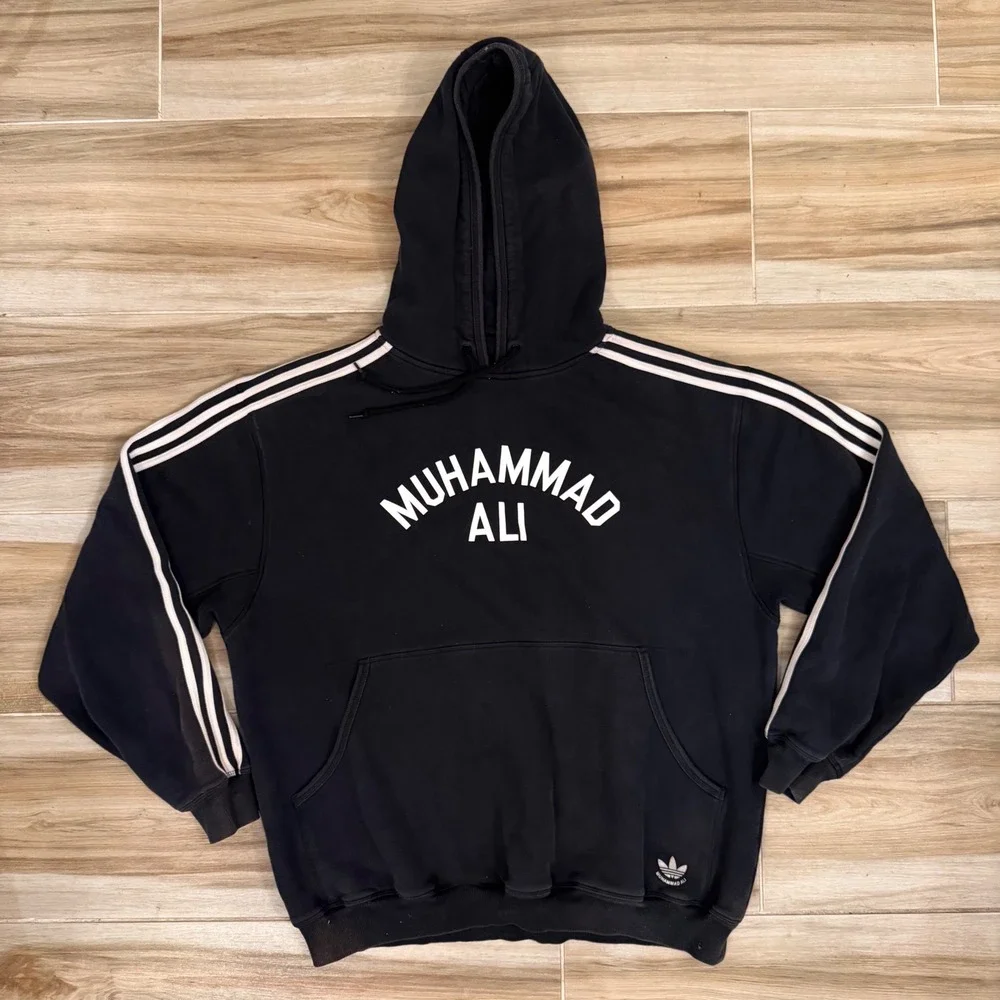 Rare Vtg 2005 Adidas Muhammad Ali Hoodie Black White 3 Stripe Boxing Pullover XL